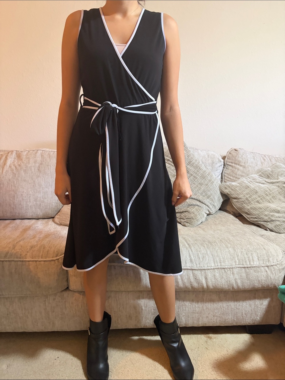 Calvin Klein Black Sleeveless Wrap Midi Dress with White Trim